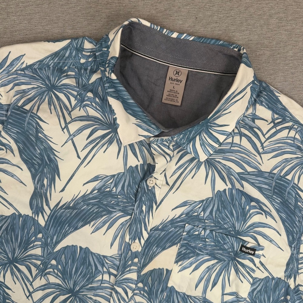 Hurley Shirt Mens Large‎ Blue White Palm Leaf Tropical Short Sleeve Button Down